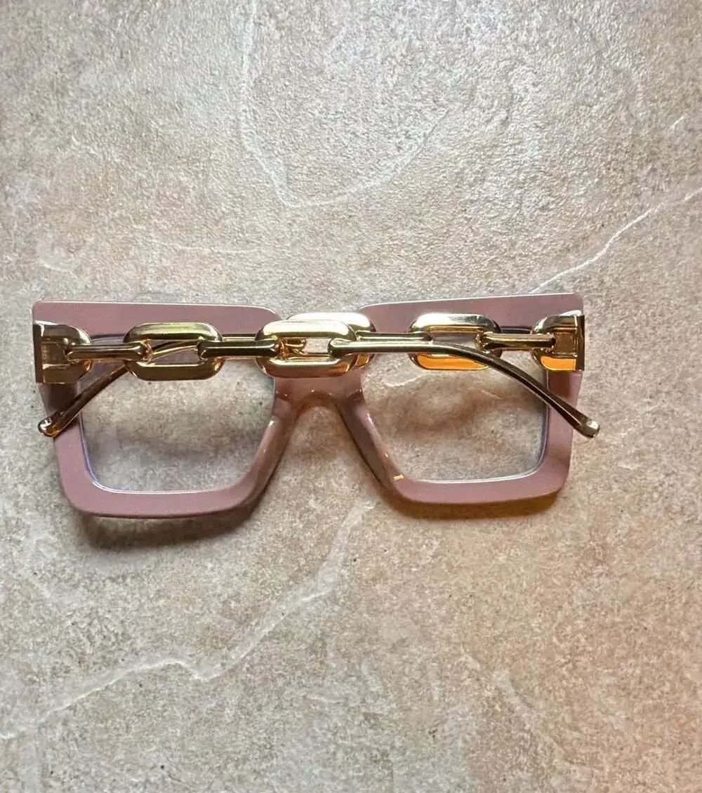 Unbranded Fashion Oversized Square Pink Glasses With Gold Chain Links